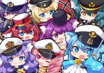  6+girls :q animal_ears antenna_(azur_lane) azur_lane bishamaru_(azur_lane) black_headwear black_jacket blonde_hair blue_eyes blue_hair cat_ears cat_girl cat_tail chibi cross cup folded_fan folding_fan food gold_trim green_hair hand_fan hat holding holding_cup holding_fan holding_sword holding_weapon iron_cross jacket justice_(azur_lane) katana kei_fukamiki lime_(azur_lane) long_hair looking_at_viewer meowfficer_(azur_lane) military military_hat military_uniform multiple_girls one_eye_closed open_mouth orange_eyes oscar_(azur_lane) pancake peaked_cap pink_eyes pink_hair pound_(azur_lane) purple_eyes purple_hair red_eyes red_hair red_headwear red_jacket steel_(azur_lane) sword tail takemaru_(azur_lane) teacup tongue tongue_out uniform unsheathed weapon white_headwear 