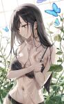  1girl bare_shoulders black_bra black_eyes black_hair black_panties bra breasts bug butterfly cleavage closed_mouth earrings emyo english_commentary hand_on_own_chest highres jewelry lace-trimmed_bra lace-trimmed_panties lace_trim large_breasts long_hair looking_away mole mole_under_eye original panties see-through shirt sleeveless sleeveless_shirt smile solo spaghetti_strap strap_slip underwear upper_body 