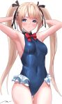  1girl absurdres armpits arms_up black_ribbon blonde_hair blush dead_or_alive frilled_swimsuit frills hair_ribbon highres hoki1314 long_hair looking_at_viewer marie_rose ribbon simple_background solo standing swimsuit twintails white_background 