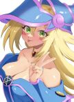  1girl :p absurdres bangs bare_shoulders blonde_hair blush blush_stickers breasts choker cleavage dark_magician_girl duel_monster green_eyes hair_between_eyes hat highres large_breasts long_hair looking_at_viewer open_mouth pentacle smile solo tongue tongue_out upper_body v welcome_meat wizard_hat yu-gi-oh! 