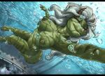  3_toes aerola anthro black_bars breasts bubble claws dragon ewgengster_(artist) eyelashes eyes_closed feet female green_body green_stripes grey_hair hair horn letterbox navel nipples non-mammal_breasts scalie smile solo striped_body stripes swimming swimming_pool toes underwater water 
