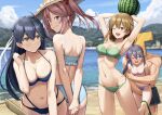  4girls akebono_(kancolle) ass bandaid bandaid_on_face beach bikini black_hair blue_bikini bokken breasts brown_hair cleavage commentary_request cow cowboy_shot food frilled_bikini frills fruit green_bikini highres hug hug_from_behind ichikawa_feesu kantai_collection large_breasts long_hair medium_breasts multiple_girls oboro_(kancolle) outdoors pink_bikini pink_hair purple_hair sandals sazanami_(kancolle) short_hair side_ponytail small_breasts swimsuit sword t-head_admiral twintails ushio_(kancolle) watermelon weapon wooden_sword 