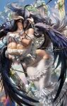  1girl albedo_(overlord) banned_artist black_feathers black_wings breasts chain cleavage demon_girl demon_horns demon_wings dress feathered_wings feathers flower horns large_breasts low_wings overlord_(maruyama) sakimichan slit_pupils solo white_dress white_horns wings 
