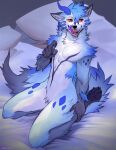  2022 angiewolf anthro bed blue_body blue_fur fur fur_markings furniture horn inner_ear_fluff male markings multicolored_body multicolored_fur open_mouth pillow solo teeth tongue tongue_out tuft underpaw unknown_species 