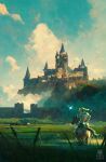  1boy animal artist_name blonde_hair blue_sky castle cloud day epona forest from_behind genel_jumalon grass green_headwear highres horse hylian_shield hyrule_castle link nature navi outdoors riding sitting sky sword the_legend_of_zelda tree wall weapon 