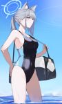  1girl absurdres animal_ear_fluff animal_ears bag blue_archive blue_eyes breasts cat_ears competition_swimsuit covered_navel duffel_bag earrings extra_ears gohan_(gohanchang) grey_hair groin halo highres jewelry looking_at_viewer medium_breasts medium_hair one-piece_swimsuit outdoors parted_lips ponytail shiroko_(blue_archive) shiroko_(swimsuit)_(blue_archive) shoulder_bag sideboob sideways_glance solo standing stud_earrings swimsuit wading water wet 