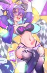  1girl bandaid bandaid_on_face bandaid_on_nose bebatch blue_eyes blue_hair breasts cellphone checkered_flag cleavage flag glasses highres jacket jumping large_breasts looking_at_viewer melody_(projektmelody) navel one_eye_closed phone ponytail projektmelody purple_hair purple_headwear purple_jacket purple_thighhighs race_queen short_shorts shorts t0m_(projektmelody) thighhighs umbrella virtual_youtuber visor_cap vshojo white_shorts zipper zipper_pull_tab 