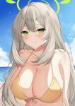  1girl absurdres bare_shoulders bikini blue_archive breasts cleavage closed_mouth collarbone day front-tie_bikini front-tie_top green_eyes grey_hair halo halterneck highres kurigura_(sketch_san) large_breasts long_hair looking_at_viewer nonomi_(blue_archive) nonomi_(swimsuit)_(blue_archive) outdoors smile solo string_bikini swimsuit upper_body wet yellow_bikini 
