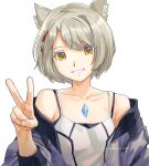  1girl a_(user_vtsy8742) animal_ear_fluff animal_ears bangs bare_shoulders breasts camisole cat_ears chest_jewel collarbone hands_up highres jacket looking_at_viewer mio_(xenoblade) short_hair shoulder_strap simple_background small_breasts smile solo tank_top twitter_username v white_camisole white_hair white_jacket white_tank_top xenoblade_chronicles_(series) xenoblade_chronicles_3 yellow_eyes 