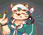  anthro bandanna blep canid canine canis clothing domestic_dog eyebrows fur green_body green_clothing green_fur headphones headphones_around_neck hi_res kerchief lifewonders live-a-hero male mammal mgmgtizuke mokdai one_eye_closed pawpads solo thick_eyebrows tongue tongue_out video_games wink 