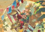  1boy armor atie1225 bangs bare_shoulders blonde_hair desert_voe_set_(zelda) earrings highres jewelry link male_focus official_alternate_costume outdoors pants parted_lips plant pointy_ears ponytail red_pants shoulder_armor sitting sleeping solo teeth the_legend_of_zelda the_legend_of_zelda:_breath_of_the_wild vase weapon 