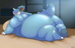  anthro bedding belly big_belly big_breasts big_butt blue_body breasts butt butt_cleavage claws female glistening half-closed_eyes hi_res hoodee horn huge_breasts huge_butt huge_thighs hyper hyper_butt hyper_thighs looking_at_viewer lying narrowed_eyes nidoqueen nintendo obese on_front overweight pok&eacute;mon pok&eacute;mon_(species) side_view smile smirk solo thick_arms thick_thighs video_games wide_hips 
