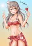  1girl alternate_costume anti_(untea9) bikini blue_background breasts brown_eyes collarbone cowboy_shot cup drink drunk gradient gradient_background grey_hair hair_between_eyes hat highres kantai_collection long_hair looking_at_viewer medium_breasts mini_hat navel open_mouth pola_(kancolle) red_bikini sarong smile solo swimsuit twitter_username two-tone_background v wavy_hair yellow_background 