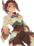  1girl a_(user_vtsy8742) alexandria_(xenoblade) bangs blush boots breasts brown_hair circlet closed_mouth eyeliner green_eyes hair_ornament headpiece highres large_breasts long_hair long_sleeves looking_at_viewer makeup ribbon_trim sideboob sidelocks simple_background smile solo thighhighs twitter_username white_background white_thighhighs wide_sleeves xenoblade_chronicles_(series) xenoblade_chronicles_3 
