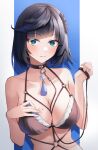  1girl absurdres bare_shoulders bikini black_bikini black_choker black_collar black_hair breasts choker cleavage collar collarbone dice genshin_impact green_eyes highres holding holding_leash large_breasts leash looking_at_viewer mole mole_on_breast nacho_(nacho_1103) o-ring parted_lips short_hair solo swimsuit tassel_choker upper_body yelan_(genshin_impact) 