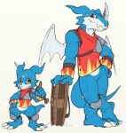  anthro armor bandai_namco blue_body claws dahecksajerry digimon digimon_(species) duo evolutionary_family exveemon horn male melee_weapon red_eyes scalie shield sword veemon weapon wings 