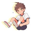  1boy ? ahoge bangs black_shorts brown_hair child closed_mouth dagasi_xzx danganronpa_(series) danganronpa_2:_goodbye_despair grey_shirt hinata_hajime knees_up male_focus shiny shiny_hair shirt shoes short_hair short_sleeves shorts socks solo white_background white_socks younger 