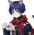  1boy :q animal_ear_fluff animal_ears armor artist_name bangs black_hair black_shirt blue_eyes blunt_ends blush cat_boy cat_ears cat_tail closed_mouth cup dfuma_pqr drink eyeshadow genshin_impact hands_up highres holding holding_cup japanese_armor japanese_clothes kemonomimi_mode kote kurokote looking_at_viewer makeup male_focus mug parted_bangs paw_print red_eyeshadow red_scarf rope scaramouche_(genshin_impact) scarf shirt short_hair solo tail tongue tongue_out twitter_username upper_body white_background 