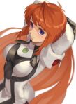  1girl a_(user_vtsy8742) arms_behind_head arms_up bangs closed_mouth crossed_arms dress elhaym_van_houten gloves highres light_smile long_hair orange_hair pantyhose simple_background solo standing stretching twitter_username uniform very_long_hair white_background xenogears 