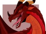  4:3 ambiguous_gender border brown_horn cheek_horn dragon facial_horn feral glistening glistening_eyes hi_res horn imperatorcaesar membrane_(anatomy) membranous_wings nose_horn open_mouth orange_body orange_eyes orange_inner_ear red_body red_ears red_scales red_tongue red_wings scales sharp_teeth simple_background solo teeth tongue tongue_out white_border wings 