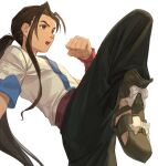  1boy a_(user_vtsy8742) black_hair clenched_hand closed_mouth fei_fong_wong fighting_stance highres leg_up long_hair male_focus martial_arts ponytail single_hair_intake smile solo twitter_username upper_body white_background xenogears 