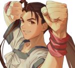  1boy a_(user_vtsy8742) black_hair clenched_hand closed_mouth fei_fong_wong fighting_stance grin highres long_hair male_focus ponytail simple_background single_hair_intake smile solo twitter_username upper_body white_background xenogears 