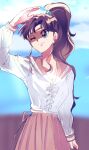  bishoujo_senshi_sailor_moon blue_sky breasts brown_hair closed_mouth cloud cloudy_sky earrings high_ponytail highres jewelry kino_makoto kino_makoto&#039;s_school_uniform munya_chuu one_eye_closed retro_artstyle sailor_collar school_uniform skirt sky smile 