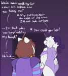  2022 5_fingers alternate_species anthro bovid brown_hair caprine clothed clothing dialogue digital_media_(artwork) duo english_text female fingers frisk_(undertale) fur goat hair hand_holding long_ears mammal robertge text toriel undertale undertale_(series) video_games white_body white_fur 
