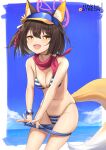  1girl :d animal_ear_fluff animal_ears bare_arms bare_shoulders bikini blue_archive blue_bikini blue_shorts breasts brown_hair cleavage clothes_pull cowboy_shot denim denim_shorts eyeshadow fang fox_ears fox_girl fox_tail halo highleg highleg_bikini highres izuna_(blue_archive) izuna_(swimsuit)_(blue_archive) lo_xueming looking_at_viewer makeup medium_breasts micro_shorts navel official_alternate_costume open_mouth pulled_by_self scarf short_hair shorts shorts_pull skindentation slit_pupils smile solo stomach string_bikini striped striped_bikini swimsuit tail thighs visor_cap yellow_eyes 