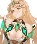  1girl a_(user_vtsy8742) arm_armor armor armored_dress bangs bare_shoulders black_gloves blonde_hair blush breasts chest_jewel cleavage cleavage_cutout closed_mouth clothing_cutout dangle_earrings dress drop_earrings earrings gloves highres jewelry large_breasts long_hair looking_at_viewer mythra_(xenoblade) simple_background smile solo swept_bangs tiara twitter_username upper_body white_background white_dress white_gloves xenoblade_chronicles_(series) xenoblade_chronicles_2 yellow_eyes 