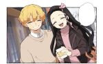  1boy ^_^ agatsuma_zenitsu black_hair blank_speech_bubble blonde_hair brown_hair brown_hoodie closed_eyes coffee_cup cup disposable_cup hair_ornament hair_ribbon highres hood hoodie kamado_nezuko kimetsu_no_yaiba long_hair long_sleeves multicolored_hair open_mouth pink_ribbon pink_sweater pori_(kmt_pori) ribbon short_hair smile speech_bubble sweater teeth thick_eyebrows 