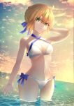  1girl ahoge artoria_pendragon_(fate) artoria_pendragon_(swimsuit_archer)_(fate) artoria_pendragon_(swimsuit_archer)_(first_ascension)_(fate) bangs bikini blonde_hair blue_ribbon braid breasts fate/grand_order fate_(series) french_braid green_eyes hair_bun hair_ribbon highres kaze_minoru_so-ru long_hair looking_at_viewer medium_breasts ribbon sidelocks solo swimsuit white_bikini 