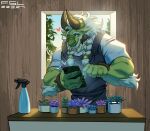  anthro braided_hair dragon fsl green_body hair hi_res horn long_hair male phone plant scalie smile solo spray_bottle taking_picture 