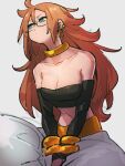  1girl android_21 bare_shoulders blue_eyes bracelet breasts cleavage closed_mouth collarbone dragon_ball dragon_ball_fighterz earrings glasses grey_background hair_between_eyes hoop_earrings jewelry kemachiku long_hair looking_away looking_up majin_android_21 medium_breasts midriff navel red_hair simple_background sitting solo 