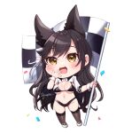  1girl :d animal_ears atago_(azur_lane) azur_lane bangs bikini black_bikini black_hair black_thighhighs blush chibi commentary_request confetti flag full_body groin hand_up holding holding_flag long_hair looking_at_viewer mole mole_under_eye nagura_shiro navel shoes shrug_(clothing) simple_background smile solo standing stomach swimsuit thighhighs thighs very_long_hair white_background white_footwear wrist_cuffs yellow_eyes 