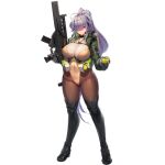 1girl ahoge assault_rifle blue_eyes boots breasts chest_strap explosive full_body game_cg gloves gnome_(last_origin) grenade gun hair_over_one_eye highres huge_breasts last_origin leotard long_hair official_art pantyhose ponytail purple_hair rifle snowball snowball22 solo tachi-e thigh_boots thighhighs transparent_background weapon yellow_leotard 