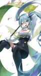  1girl ;d bangs black_bodysuit black_thighhighs blue_eyes blue_hair blush bodysuit bodysuit_under_clothes clothes_writing covered_navel crop_top duyu hair_between_eyes hair_ornament hatsune_miku highres long_hair long_sleeves looking_at_viewer one_eye_closed open_mouth racing_miku racing_miku_(2022) simple_background single_thighhigh smile solo thighhighs twintails very_long_hair vocaloid white_background 