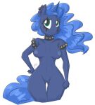 2018 anthro anthrofied blue_body blue_eyes blue_hair blue_nipples blue_skin blue_tail bracelet breasts collar digital_media_(artwork) ear_piercing equid equine female flutterthrash friendship_is_magic genitals hair hasbro hi_res horn jewelry makeup mammal my_little_pony nipples nude piercing princess_luna_(mlp) pussy signature simple_background smile solo spiked_bracelet spiked_collar spikes unicorn white_background 