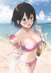  1girl azuki_yui bag bangs bare_shoulders beach bikini black_hair blue_eyes blue_sky blush breasts cleavage cloud collarbone day food frilled_bikini frills hair_between_eyes halterneck highres holding holding_food medium_breasts navel ocean off_shoulder open_clothes open_mouth original outdoors pink_bikini plaid plaid_bikini see-through shaved_ice short_hair shoulder_bag sky solo standing stomach string_bikini swimsuit thighs untied untied_bikini wardrobe_malfunction 