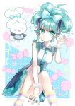  1girl bangs blue_eyes blue_hair bow candy cinnamiku cinnamoroll collared_shirt cosplay food frilled_shirt frilled_shirt_collar frilled_sleeves frills fuzzy_footwear hair_bow hand_up hatsune_miku hatsune_miku_(cosplay) highres hitsuji_no_shi knees_up lollipop long_hair looking_at_viewer necktie parted_lips petticoat pleated_skirt sanrio scrunchie shirt sitting skirt sleeveless sleeveless_shirt socks tie_clip tied_ears updo vocaloid wrapped_candy wrist_scrunchie 