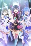  3girls absurdres azki_(hololive) black_hair blue_eyes blue_hair brown_hair colored_inner_hair dress frills gloves highres hololive hoshimachi_suisei idol long_hair medium_hair microphone multicolored_hair multiple_girls music open_mouth pink_hair purple_eyes shimada_(odddddd64) short_hair side_ponytail singing single_thighhigh smile thighhighs tokino_sora virtual_youtuber zettai_ryouiki 