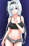  1girl :3 absurdres animal_ears aoe_(tiranporan) arknights aurora_(arknights) bangs bare_arms bare_shoulders bear_ears black_hairband blue_background blue_eyes breasts camisole collarbone commentary_request cowboy_shot crop_top grey_shorts hair_over_one_eye hairband hand_up highres large_breasts long_hair looking_at_viewer micro_shorts midriff navel partial_commentary pink_lips shorts smile solo spaghetti_strap sports_bra standing stomach very_long_hair white_hair 