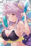  antenna_hair azur_lane breasts cleavage collarbone commentary_request dual_wielding grenville_(azur_lane) hair_ornament highres holding looking_at_viewer navel one_eye_closed portrait purple_hair side_ponytail swimsuit tonchinkan water_gun 