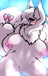  absurd_res anthro areola big_breasts blush bodily_fluids breasts canid canine canis female fox fur genitals hair hi_res mammal milkteafox nipples nude pussy smile solo white_body white_fur 