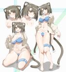  1girl :d absurdres animal_ear_fluff animal_ears arknights bangs barefoot blue_bra blush bra breasts cat_ears cat_tail cleavage cup grey_eyes grey_hair groin highres holding holding_cup jacket large_breasts long_sleeves looking_at_viewer mandragora_(arknights) multiple_views navel open_clothes open_jacket open_mouth seiza short_hair simple_background sitting smile standing stomach tail thick_thighs thigh_strap thighs underwear white_background white_jacket wo_henduo_rou 