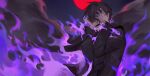  1boy black_hair burning covered_eyes fang fire forever_7th_capital hair_over_eyes hands_on_own_head highres isaac_(forever_7th_capital) long_sleeves male_focus meru02295238 moon purple_fire purple_theme red_moon scratching_head screaming smoke solo tears upper_body 