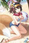  1girl absurdres animal_ear_fluff animal_ears bangs banxuan_c2ka bare_legs beach bikini blue_archive blue_shorts blush bottle breasts brown_hair cleavage day fox_ears fox_girl fox_tail hair_between_eyes halo highleg highleg_bikini highres izuna_(blue_archive) izuna_(swimsuit)_(blue_archive) looking_at_viewer medium_breasts micro_shorts open_mouth outdoors red_scarf sandals scarf short_hair shorts smile solo string_bikini striped striped_bikini swimsuit tail tree visor_cap yellow_eyes 