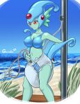  2022 absurd_res animal_humanoid anthro bandai_namco beach big_breasts blush bra breasts cel_shading clothing diaper diaper_fetish digimon digimon_(species) embarrassed female fin fish fish_humanoid gannsho grass green_body green_skin headgear hi_res humanoid looking_down marine marine_humanoid navel outside plant ranamon red_eyes sand sea seaside shaded shower shower_hose signature sky solo standing three-quarter_view underwear water waterlogged_diaper white_diaper 