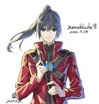  1boy bangs belt black_hair blue_eyes dated flute hair_between_eyes hair_tie holding holding_instrument instrument jacket male_focus noah_(xenoblade) ponytail red_jacket saitou_masatsugu shirt shoulder_strap simple_background smile solo sunlight sweater turtleneck turtleneck_sweater upper_body white_background xenoblade_chronicles_(series) xenoblade_chronicles_3 