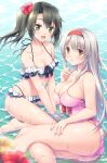  2girls beach bikini blue_bikini breasts casual_one-piece_swimsuit collarbone dark_green_hair flower frilled_bikini frills hair_between_eyes hair_flower hair_ornament hairband highres kantai_collection large_breasts long_hair minakami_nagara multiple_girls ocean one-piece_swimsuit open_mouth pink_swimsuit ribbon shoukaku_(kancolle) siblings sisters sitting small_breasts smile swimsuit twintails water white_hair white_ribbon yellow_eyes zuikaku_(kancolle) 